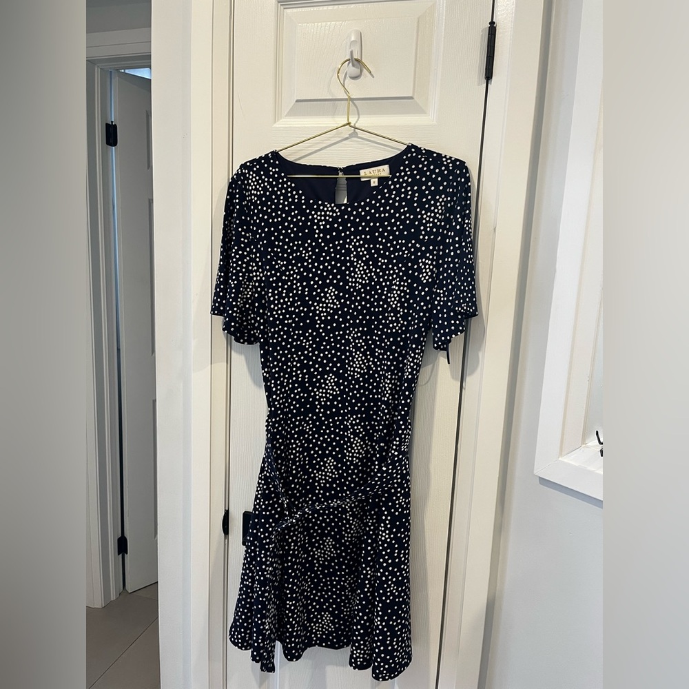Laura Petites Navy Blue White Polka Dot Fit Flare Dress Short Sleeve Belted 8 - Picture 12 of 16